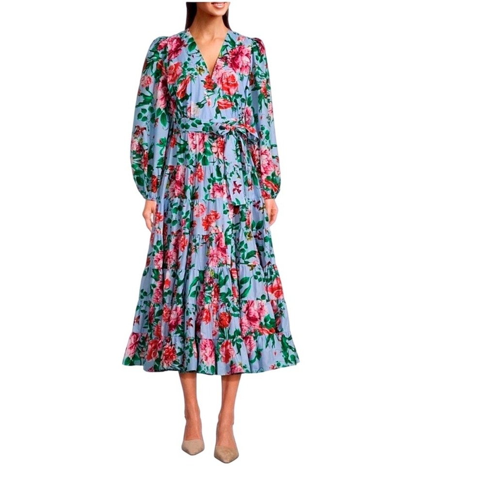 Gibson + Latimer NWT SZ XL Floral Midi Dress Blue Pink Wrap Tiered Puff Sleeve - Picture 1 of 15